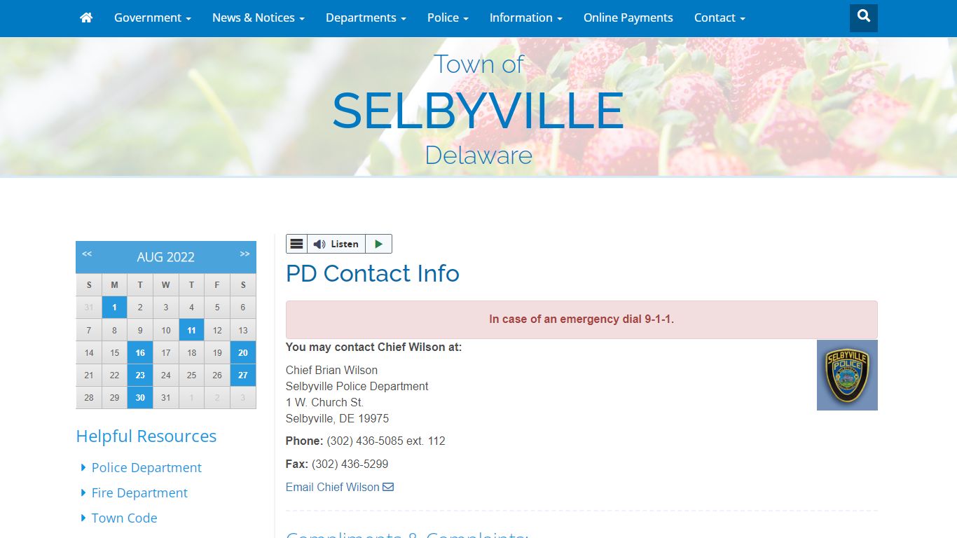 PD Contact Info - Town of Selbyville